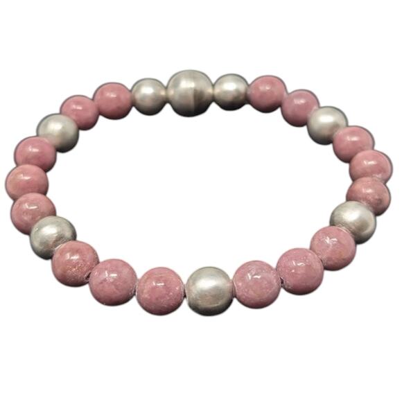 Milor Italy 925 Sterling Silver & Pink Rhodonite Bead Stretch Bracelet - Picture 1 of 5